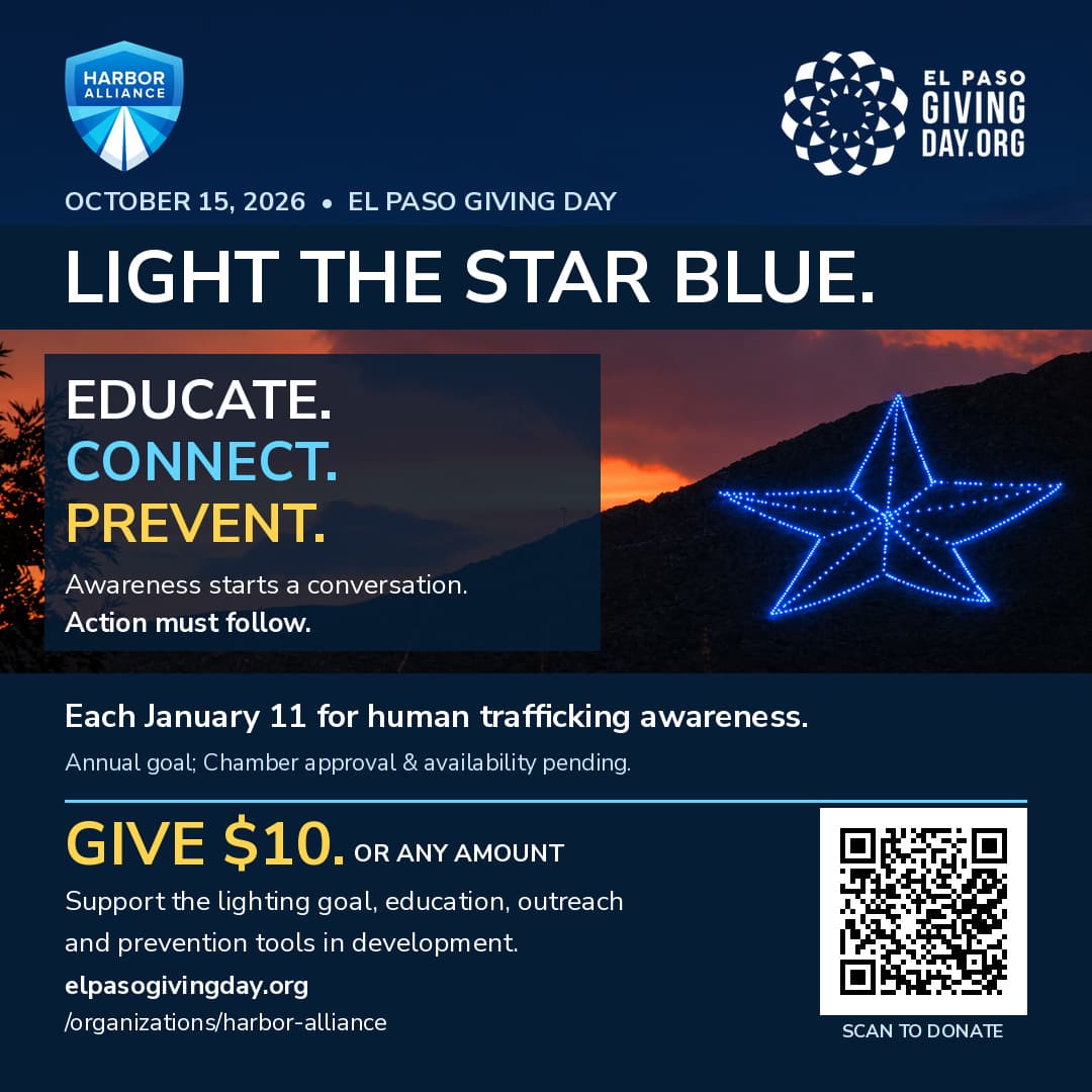 Harbor Alliance and El Paso Giving Day artwork with a blue Star on the Mountain. Annual lighting is a goal, subject to Chamber approval and availability.
